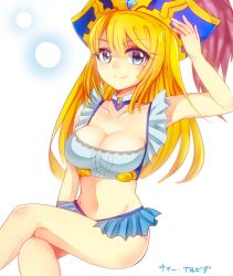 Rule 34 | 1girl, adapted costume, awilda (p&amp;d), bare shoulders, blonde hair, blue eyes, blush, breasts, character name, cleavage, collarbone, crop top, crossed legs, detached collar, feathers, groin, hand on headwear, hat, hat feather, large breasts, long hair, maiya, maya-22, midriff, mole, navel, pirate hat, puzzle &amp; dragons, simple background, sitting, smile, solo, text focus, white background