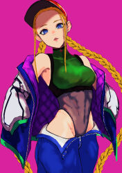 Rule 34 | 1girl, absurdres, bare shoulders, blonde hair, blue eyes, braid, breasts, cammy white, covered navel, forehead, hands in pockets, highres, jacket, leotard, long hair, looking at viewer, medium breasts, parted lips, pink background, scar, scar on face, simple background, solo, street fighter, twin braids, very long hair, yuu (primenumber7)
