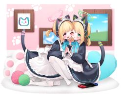 Rule 34 | 2girls, absurdres, animal ears, apron, black dress, blonde hair, blue archive, border, cat ears, cat tail, cheek-to-cheek, dress, fake animal ears, fake tail, frilled dress, frills, green eyes, green halo, halo, handheld game console, heads together, highres, holding hands, long sleeves, looking at another, maid apron, midori (blue archive), midori (maid) (blue archive), momoi (blue archive), momoi (maid) (blue archive), multiple girls, pantyhose, paw print, picture frame, pink eyes, pink halo, piyon (pyon piiii), puffy long sleeves, puffy sleeves, short hair, short ponytail, short twintails, siblings, sisters, tail, twins, twintails, white apron, white border, white pantyhose, yarn, yarn ball