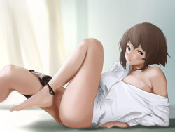 Rule 34 | 1girl, arm support, ass, barefoot, blouse, blush, breasts, brown hair, from side, highres, indoors, kantai collection, large breasts, looking at viewer, lying, mutsu (kancolle), off shoulder, on back, panties, parted lips, shirt, short hair, skindentation, smile, solo, tama (tamago), thighs, underwear, undressing, white shirt