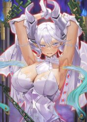 Rule 34 | 1girl, armpits, breasts, cleavage, demon girl, demon horns, demon wings, dress, duel monster, gloves, grey eyes, highres, horns, large breasts, looking at viewer, lovely labrynth of the silver castle, low wings, open mouth, pointy ears, sayaka ikku, smile, solo, twintails, white hair, white horns, wings, yu-gi-oh!
