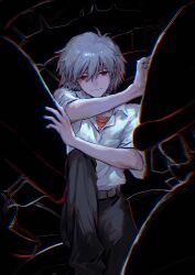 Rule 34 | 1boy, absurdres, belt, black background, black pants, chinese commentary, chromatic aberration, collared shirt, commentary request, feet out of frame, grey hair, hair between eyes, highres, knee up, looking at viewer, male focus, nagisa kaworu, neon genesis evangelion, pants, red eyes, shirt, short hair, sitting, smile, solo, teeth, undershirt, white shirt, yuanlitianshiheaoye66364