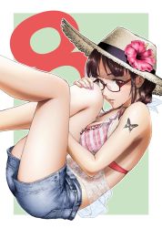 Rule 34 | 1girl, akizuki ritsuko, bad id, bad pixiv id, bare legs, bare shoulders, bikini, bikini top only, blue shorts, blush, braid, breasts, butterfly tattoo, cleavage, denim, denim shorts, feet out of frame, fingernails, flower, frilled bikini, frilled bikini top, frills, from side, glasses, green background, hair over shoulder, hat, hat flower, hibiscus, idolmaster, idolmaster (classic), kawamura kazuma, knees to chest, leaning, legs up, long fingernails, long hair, looking to the side, medium breasts, nail polish, pink flower, pink nails, reclining, red-framed eyewear, red eyes, see-through, semi-rimless eyewear, short shorts, shorts, shoulder tattoo, single braid, solo, straw hat, striped bikini, striped bikini top, striped clothes, sun hat, swimsuit, tattoo, under-rim eyewear