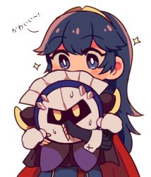 Rule 34 | armor, black cape, blue eyes, blue hair, cape, fingerless gloves, fire emblem, gloves, highres, hug, kirby (series), looking at another, lucina (fire emblem), mask, meta knight, mittens, nacooo23, nintendo, pauldrons, red cape, shoulder armor, sparkle, super smash bros., sweat, tiara, trait connection, white mittens, yellow eyes