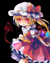 Rule 34 | 1girl, ascot, bat wings, blonde hair, crystal, flandre scarlet, hat, hat ribbon, hiyuu (hiyualice), laevatein (touhou), mob cap, multicolored wings, one side up, puffy short sleeves, puffy sleeves, red eyes, red skirt, red vest, ribbon, short sleeves, side ponytail, skirt, skirt set, solo, star (symbol), tongue, tongue out, touhou, vest, white hat, wings, yellow ascot