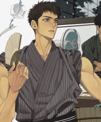 Rule 34 | 1boy, black eyes, black hair, black kimono, chime, electric fan, folding fan, hand fan, holding, holding fan, japanese clothes, japtangtang2, kimono, male focus, mitsui hisashi, scar, scar on chin, scar on face, short hair, slam dunk (series), sleeves rolled up, solo focus, toned, toned male, upper body