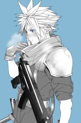 Rule 34 | 1boy, adjusting scarf, armor, belt, blue background, blue eyes, blush, breath, cloud strife, crisis core final fantasy vii, earrings, final fantasy, final fantasy vii, gloves, gun, harness, jewelry, ko102k1, long sleeves, machine gun, male focus, monochrome, pants, protected link, scarf, shinra infantry uniform, short hair, shoulder armor, single earring, sleeves rolled up, solo, spiked hair, square enix, steam, suspenders, upper body, weapon, aged down