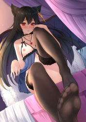 Rule 34 | 1girl, :o, animal ears, babydoll, bed sheet, black choker, black hair, black thighhighs, blush, bottomless, breasts, choker, collarbone, commentary, cupless babydoll, dutch angle, earrings, erune, feet, granblue fantasy, heart, heart necklace, highres, indoors, jewelry, keikei (kitty colors), knee up, long hair, looking at viewer, medium breasts, necklace, nier (granblue fantasy), nipples, no shoes, on bed, parted lips, pillow, red eyes, see-through, sitting, solo, thighhighs, very long hair