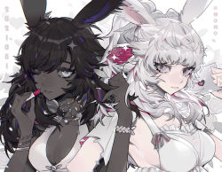 Rule 34 | 2girls, absurdres, animal ears, artist name, warrior of light (ff14), black hair, black vs white, bracelet, breasts, chinese commentary, choker, cleavage, closed mouth, commentary request, cosmetics, dark-skinned female, dark skin, dated, dress, final fantasy, final fantasy xiv, flower, grey eyes, grey hair, hair over one eye, hands up, heart, highres, holding, holding flower, jewelry, large breasts, letter, lipstick tube, long hair, looking at viewer, mole, mole under eye, multicolored hair, multiple girls, one eye covered, pink flower, pink rose, ponytail, purple hair, rabbit ears, rose, sleeveless, sleeveless dress, sparkle, streaked hair, taowu (20809), upper body, very dark skin, viera, white background, white dress