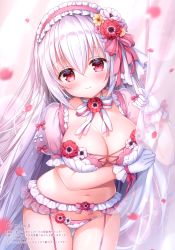 Rule 34 | 1girl, absurdres, blurry, bra, breasts, choker, cleavage, closed mouth, cover, cover page, cowboy shot, curtains, fang, flower, frown, garter belt, gloves, hair flower, hair ornament, headdress, highres, holding, large breasts, lingerie, long hair, looking at viewer, mitsuba choco, navel, original, panties, panties over garter belt, petals, red eyes, ribbon choker, scan, see-through, see-through sleeves, short sleeves, silver hair, solo, stomach, thigh gap, thighs, underwear, underwear only, very long hair, white bra, white gloves, white panties