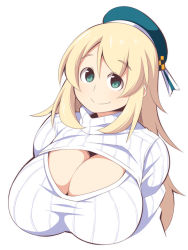 Rule 34 | 10s, 1girl, atago (kancolle), bad id, bad pixiv id, blonde hair, breasts, cleavage, green eyes, hat, huge breasts, kantai collection, long hair, looking at viewer, meme attire, open-chest sweater, ribbed sweater, simple background, smile, solo, sweater, uccow, upper body, white background