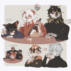 Rule 34 | 1girl, 4boys, aak (arknights), animal ear piercing, arknights, bear boy, black hair, black nails, black shirt, blush, booth seating, bottle, cat boy, chinese clothes, closed eyes, cup, dog boy, dragon boy, drunk, furry, furry female, furry male, grey hair, hair between eyes, hair over one eye, highres, holding, holding cup, horns, hung (arknights), jaye (arknights), lee (arknights), long sleeves, multiple boys, red horns, red shirt, round eyewear, shirt, single horn, sirakaro, smile, thought bubble, tiger girl, tinted eyewear, translation request, waai fu (arknights), white hair, wine bottle