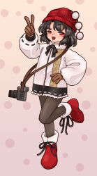 1girl adapted_costume alternate_costume black_hair black_pants black_ribbon black_stripes boots brown_gloves brown_stripes camera coat commentary_request frilled_coat frills gloves gradient_background grin half-closed_eyes highres knit_hat leaf_print light_blush long_sleeves maple_leaf_print nokisakifuurin pants pom_pom_(clothes) red_eyes red_footwear ribbon ribbon-trimmed_sleeves ribbon_trim shameimaru_aya short_hair shoulder_strap single_horizontal_stripe single_vertical_stripe smile touhou v white_coat winter_clothes winter_coat winter_gloves winter_uniform zipper