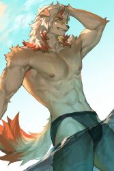 Rule 34 | 1boy, abs, aixiwuganda (20222192), alternate costume, animal ears, arknights, bara, black male swimwear, brown fur, bulge, dog boy, dog ears, from below, furry, furry male, hand on own head, highres, horns, hung (arknights), large pectorals, male focus, male swimwear, medium hair, multicolored hair, muscular, muscular male, navel, nipples, orange eyes, orange hair, partially submerged, pectorals, single horn, smirk, solo, stomach, streaked hair, swim briefs, thick thighs, thighs, topless male, two-tone fur