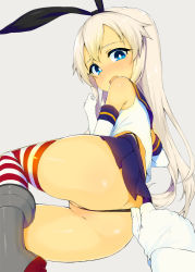 Rule 34 | 10s, 1girl, admiral (kancolle), ass, bad id, bad pixiv id, bare shoulders, black panties, blonde hair, blue eyes, boots, cleft of venus, elbow gloves, gloves, hair ribbon, kantai collection, long hair, lying, on side, open mouth, panties, panty pull, pleated skirt, ribbon, shimakaze (kancolle), shiny skin, skirt, solo focus, striped clothes, striped thighhighs, tear tear0320, thighhighs, underwear, wedgie, white gloves