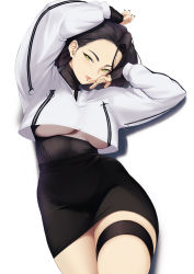 Rule 34 | 1girl, arms up, black hair, black skirt, blueorca, breasts, closed mouth, crop top, forehead, green eyes, high-waist skirt, highres, large breasts, lips, long sleeves, looking at viewer, lying, mole, mole under eye, on back, original, short hair, simple background, skirt, smile, solo, thigh strap, underboob, upshirt, white background