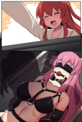 Rule 34 | :d, absurdres, ball gag, bdsm, blindfold, blush, bocchi the rock!, box, breasts, casket, collar, collarbone, cropped, cube hair ornament, elbow gloves, gag, gagged, garter belt, garter straps, gloves, gotoh hitori, hair ornament, harness, heavy breathing, highres, hinghoi, kita ikuyo, large breasts, latex, long hair, lying, open mouth, pale skin, pink hair, red hair, restrained, shadow, smile, variant set, wiffle gag