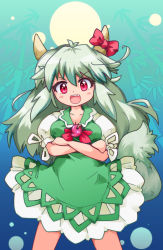 Rule 34 | 1girl, bad id, bad pixiv id, blush, bow, breasts, crossed arms, ex-keine, green hair, horn ornament, horn ribbon, horns, kamishirasawa keine, long hair, looking at viewer, open mouth, red eyes, ribbon, smile, solo, tail, touhou, zipang (zip@ng works)