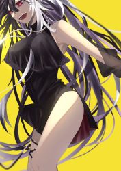 Rule 34 | 1girl, absurdres, alchemy stars, bare legs, bare shoulders, black dress, black hair, dress, highres, jewelry, long hair, multicolored hair, necklace, paloma (alchemy stars), red eyes, side slit, thighs, thorns, white hair