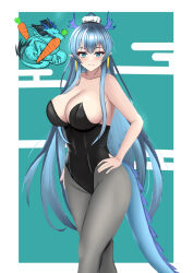 Rule 34 | 1girl, arknights, black leotard, blue hair, dragon tail, highres, horns, leotard, ling (arknights), playboy bunny, pointy ears, tail