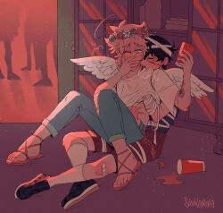 Rule 34 | 2boys, absurdres, ahoge, angel wings, arm tattoo, bandaged arm, bandaged head, bandages, bandages around body, bandaid, bandaid on knee, bandaid on leg, basil (omori), behind another, bite mark, bite mark on neck, black footwear, black hair, blonde hair, blue jeans, blue pants, blue shirt, blush, brown footwear, brown shorts, closed eyes, clothes lift, commentary request, cosplay, costume, covering own mouth, cup, denim, ear piercing, embarrassed, eyepatch, fake halo, fake wings, flower, flower tattoo, green eyes, hair between eyes, halo, hand around neck, hand on another&#039;s neck, hand on mouth, hand on neck, hand over own mouth, hand under clothes, hand under shirt, head wreath, heavy breathing, highres, holding, holding cup, jeans, lifting another&#039;s clothes, looking down, male focus, multiple boys, nail polish, nose blush, omori, on floor, one eye closed, open mouth, pants, party, piercing, sandals, scar, scar on chest, scar on stomach, shirt, shirt lift, shoes, short hair, short sleeves, shorts, sidelighting, sidelocks, sintastein, sitting, sitting on lap, sitting on person, socks, spill, sunny (omori), tagme, tattoo, teeth, trap, upper teeth only, white shirt, white socks, wings, yaoi