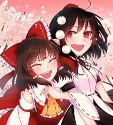 Rule 34 | 2girls, ahoge, black hair, black neckwear, black skirt, blush, bow, breasts, brown hair, cherry blossoms, commentary request, ascot, detached sleeves, closed eyes, flower, hair bow, hair tubes, hakurei reimu, hat, locked arms, long sleeves, looking at viewer, multiple girls, neck ribbon, open mouth, pink background, pointy ears, pom pom (clothes), red bow, red eyes, red headwear, red shirt, red skirt, ribbon, shameimaru aya, shirt, short hair, short sleeves, skirt, small breasts, smile, tokin hat, toraneko 2, touhou, upper body, white shirt, wide sleeves, yellow neckwear