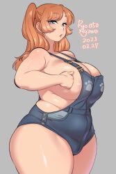 Rule 34 | 1girl, agawa ryou, blue eyes, breasts, huge breasts, orange hair, original, overall shorts, overalls, plump, sideboob, solo, standing, thick thighs, thighs, wide hips