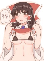 Rule 34 | 1girl, bikini, black bikini, black hair, blush, bow, breasts, brown eyes, clothes lift, commentary request, detached sleeves, embarrassed, frilled bow, frills, hair bow, hair tubes, hakurei reimu, highres, large bow, lifting own clothes, looking away, looking to the side, medium breasts, medium hair, micro bikini, miyo (ranthath), navel, open mouth, red bow, shirt lift, simple background, solo, string bikini, sweat, swimsuit, touhou, translated, upper body, white background, wide sleeves