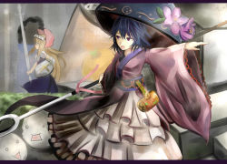Rule 34 | 2girls, blue hair, bowl, bowl hat, floral print, hat, houdukixx, japanese clothes, kimono, long sleeves, looking at another, miracle mallet, multiple girls, needle, obi, object on head, open mouth, outstretched arm, polearm, purple eyes, sash, shanghai doll, shield, short hair, spear, sukuna shinmyoumaru, touhou, weapon, wide sleeves