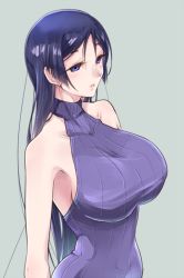 Rule 34 | 1girl, bare shoulders, breasts, fate/grand order, fate (series), grey background, hip focus, large breasts, long hair, minamoto no raikou (fate), purple eyes, purple hair, reidu, ribbed sweater, simple background, sleeveless, sleeveless turtleneck, solo, sweater, sweater vest, turtleneck