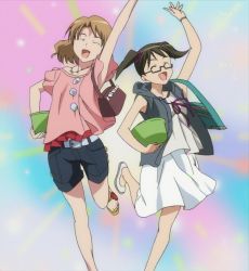Rule 34 | 00s, 2girls, :d, ^ ^, bag, brown hair, casual, closed eyes, glasses, jumping, momioka risa, multiple girls, no socks, open mouth, sandals, sawada mio, screencap, short hair, sleeveless, sleeveless hoodie, smile, stitched, third-party edit, to love-ru, twintails