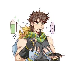 Rule 34 | ..., 2boys, battle tendency, black spaghetti, blonde hair, brown hair, caesar anthonio zeppeli, facial mark, feather hair ornament, feathers, fingerless gloves, food, food on face, fork, gloves, grabbing, green eyes, green scarf, hair ornament, highres, hug, hug from behind, jojo no kimyou na bouken, male focus, multiple boys, pasta, pectoral grab, recharging, scarf, spaghetti, spoken ellipsis, striped clothes, striped scarf, zhoujo51