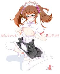 Rule 34 | 10s, 1boy, apron, bad id, bad pixiv id, blush, brown hair, clothes pull, crossdressing, dress, dress pull, green eyes, hair ornament, highres, idolmaster, idolmaster side-m, long hair, looking at viewer, maid headdress, male focus, mizushima saki, nipples, open clothes, open shirt, pulled by self, shirt, solo, thighhighs, trap, twintails, white thighhighs