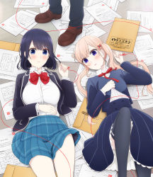 Rule 34 | 10s, 1boy, 2girls, black hair, blonde hair, blue eyes, blush, bow, bowtie, hand on own chest, highres, koi to uso, loafers, lying, miniskirt, multiple girls, official art, on back, out of frame, paper, plaid, plaid neckwear, plaid skirt, red neckwear, sanada ririna, school uniform, shoes, skirt, string, string of fate, takasaki misaki (koi to uso), thighhighs