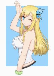 Rule 34 | 1girl, anarchojs, bare arms, bare shoulders, blonde hair, blue background, blue eyes, blush, boku wa tomodachi ga sukunai, breasts, bug, butterfly, butterfly hair ornament, commentary request, from side, green scrunchie, hair ornament, highres, insect, kashiwazaki sena, large breasts, long hair, looking at viewer, one eye closed, scrunchie, shirt, simple background, smile, solo, white background, white shirt, wrist scrunchie