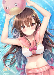 Rule 34 | 1girl, :o, armpits, arms up, ball, bare arms, blush, breasts, brown eyes, brown hair, collarbone, commentary request, crop top, hair between eyes, hair ornament, hairclip, highres, long hair, looking at viewer, lying, maruma (maruma gic), medium breasts, midriff, navel, on back, original, parted lips, pink sailor collar, pink skirt, pleated skirt, sailor collar, shirt, shooting star hair ornament, signature, skirt, sleeveless, sleeveless shirt, solo, star (symbol), star hair ornament, transparent, very long hair, water, white shirt