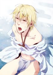 Rule 34 | 1boy, bdsm, bondage, bound, clothes lift, cum, durarara!!, facial, forced, fundoshi, gradient background, heiwajima shizuo, highres, japanese clothes, kimono, male focus, nipples, open mouth, rape, restrained, rope, skirt, skirt lift, slave, solo, tongue, traditional clothes, underwear, yaoi