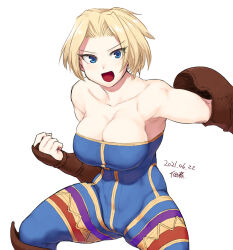 Rule 34 | 1girl, bare shoulders, blonde hair, blue eyes, breasts, cleavage, dated, final fantasy, final fantasy tactics, full body, large breasts, looking at viewer, monk (fft), open mouth, short hair, signature, simple background, smile, solo, tsukudani (coke-buta), unitard, white background