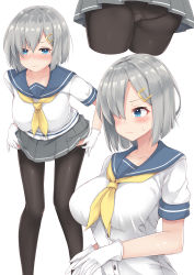 Rule 34 | 10s, 1girl, adjusting clothes, adjusting legwear, black pantyhose, blue eyes, blush, breasts, coffeedog, hair over one eye, hamakaze (kancolle), highres, kantai collection, large breasts, lips, looking at viewer, looking to the side, miniskirt, multiple views, panties, panties under pantyhose, pantyhose, school uniform, serafuku, short hair, silver hair, skirt, underwear, wavy mouth
