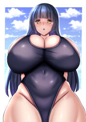 Rule 34 | 1girl, :o, absurdres, arms behind back, black one-piece swimsuit, blue hair, blue sky, breasts, cleavage, completely nude, curvy, day, embarrassed, female focus, highleg, highleg swimsuit, highres, huge breasts, kanna (minamozuki), long hair, looking at viewer, mikami chizu, navel, nude, official art, one-piece swimsuit, shiny clothes, shiny skin, sky, solo, swimsuit, taimanin (series), taimanin rpgx, thick thighs, thighs, very long hair, wide hips, yellow eyes