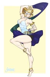 1girl barefoot commission dancer dungeons_&amp;_dragons fantasy highres horns original shardanic yellow_background