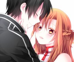 Rule 34 | 10s, 1boy, 1girl, :d, ^ ^, asuna (sao), bad id, bad pixiv id, black hair, blush, brown eyes, brown hair, closed eyes, closed eyes, hand on another&#039;s face, kirito, long hair, looking at another, open mouth, riichu, smile, sword art online, white background