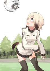 Rule 34 | 1girl, ball, blonde hair, blue eyes, blush, brown hair, erica hartmann, germany, looking up, open mouth, sandwich (artist), soccer, soccer ball, solo, strike witches, sweater, tail, thighhighs, tsuchii (ramakifrau), world witches series