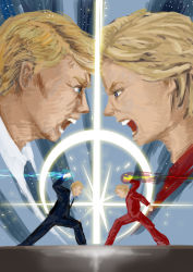 Rule 34 | 1boy, 1girl, absurdres, angry, awesome face, battle, blonde hair, business suit, clash, donald trump, election, energy, epic, fighting, fighting stance, fire, formal, highres, hillary clinton, kansei chuusatsu, lens flare, old, old man, old woman, open mouth, punching, real life, staring, staring contest, suit, 選挙2