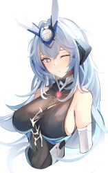 Rule 34 | 1girl, azur lane, black bodysuit, blue eyes, blue hair, blush, bodysuit, breasts, breath, chinese commentary, commentary, covered navel, cropped torso, crossed bangs, cum, cum on body, cum on breasts, cum on clothes, cum on upper body, elbow gloves, english commentary, eyelashes, gloves, glowing, hair between eyes, headgear, heart, heart-shaped pupils, heart pendant, highres, large breasts, light blue hair, long hair, looking at viewer, mixed-language commentary, new jersey (azur lane), one eye closed, parted lips, simple background, smile, solo, symbol-shaped pupils, upper body, white background, white gloves, yusha m