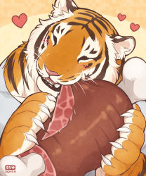 Rule 34 | 1boy, animal ears, animal hands, artist name, bara, black fur, blush, body fur, boned meat, claws, closed eyes, eating, fangs, food, furry, furry male, grey shirt, heart, holding, holding food, male focus, meat, muscular, muscular male, open mouth, orange fur, original, shirt, short sleeves, solo, teru suzu, tiger boy, tiger ears, tiger stripes, upper body, whiskers, white fur, yellow background