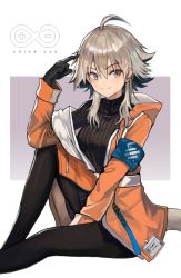 Rule 34 | 1girl, ahoge, akira (aristole), arknights, armband, black gloves, black pantyhose, black sweater, breasts, dress, gloves, grey eyes, grey hair, hand up, highres, id card, jacket, knee up, long hair, long sleeves, looking at viewer, mayer (arknights), medium breasts, orange jacket, pantyhose, ribbed sweater, sitting, solo, sweater, sweater dress, tail
