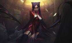 Rule 34 | 1girl, absurdres, alternate costume, between legs, black hair, breasts, closed mouth, commentary, english commentary, evelynn (league of legends), garter straps, hair horns, hand between legs, highres, jacket, large breasts, league of legends, long hair, long sleeves, looking at viewer, red jacket, smile, solo, thighhighs, very long hair, vincent t (oriaarts)