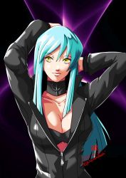 Rule 34 | 1girl, blue eyes, blue hair, bodysuit, breasts, center opening, closed mouth, collar, collarbone, dated, gin&#039;oya, long hair, looking at viewer, nail polish, nemissa, pale skin, solo, soul hackers, yellow eyes, zipper