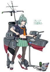 Rule 34 | 1girl, absurdres, belt, black belt, black pantyhose, bow, can, commentary request, controller, game controller, green hair, green skirt, hair bow, hair ribbon, highres, holding, holding controller, holding game controller, joystick, kantai collection, kure (city), long hair, machinery, midriff, monster energy, navel, orange eyes, pantyhose, pleated skirt, ponytail, ribbon, rigging, samusara, sidelocks, skirt, torpedo launcher, translation request, turret, white background, yuubari (kancolle)